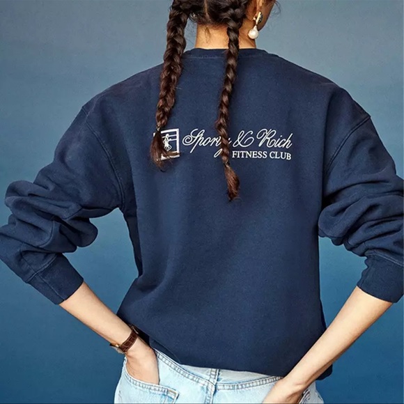 Sporty & Rich Sweaters - Sporty & Rich Logo Crewneck, Navy, Size Small